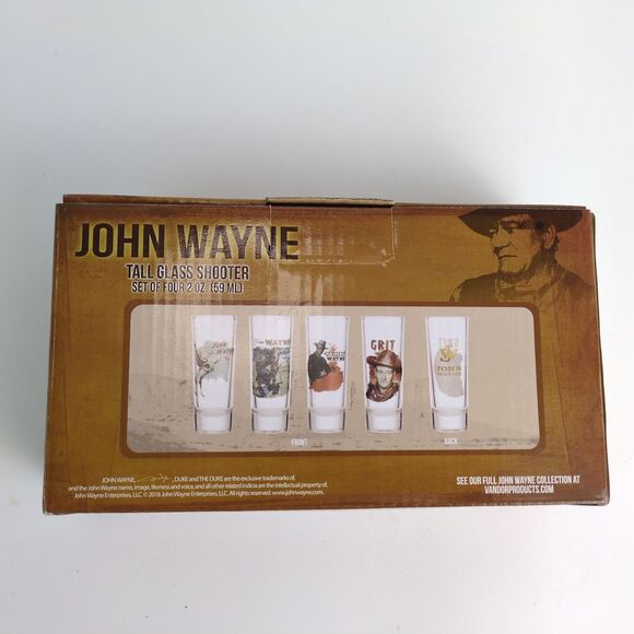 John Wayne 4 Piece Laser Decal Tall Glass Shooter Set NEW in Box Barware Shot - Picture 5 of 7